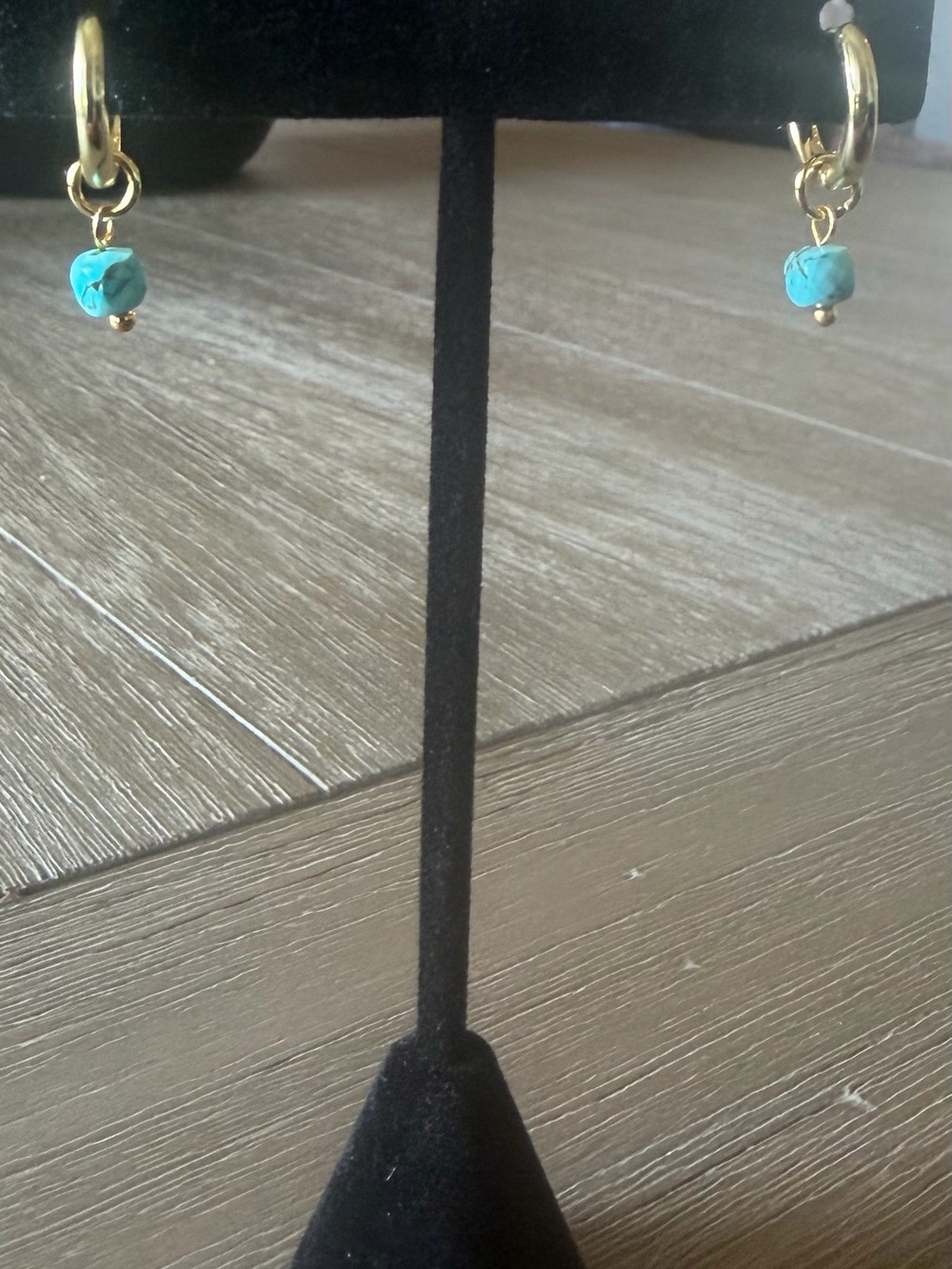 Gold Filled Huggie Hoop Earrings with real Turquoise nugget drop